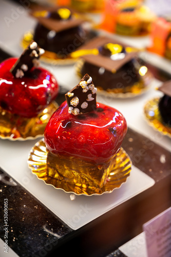 Photography Austrian desserts, different types of chocolate and fruit cakes in cafe in Vienna