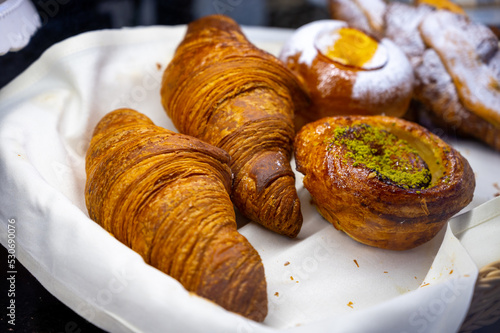 Photography Austrian desserts, different types of chocolate and fruit cakes in cafe in Vienna