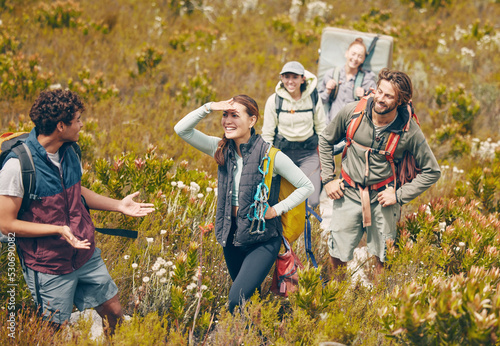 Εκτύπωση καμβά Group hiking, nature travel and guide in communication with friends on holiday in countryside of Peru, freedom on walk for fitness and happy on vacation