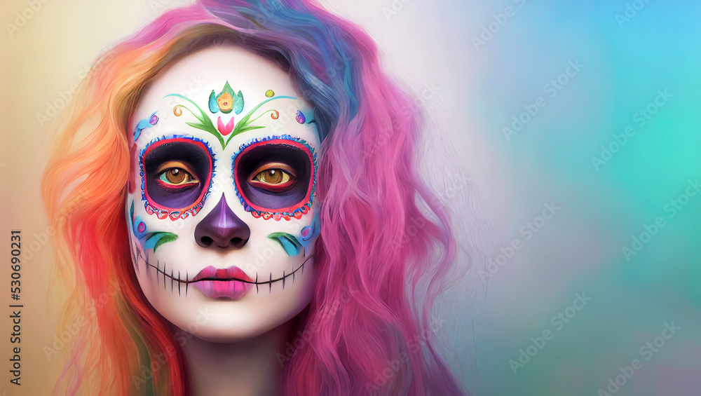Young latina with sugar skull makeup, 3d illustration