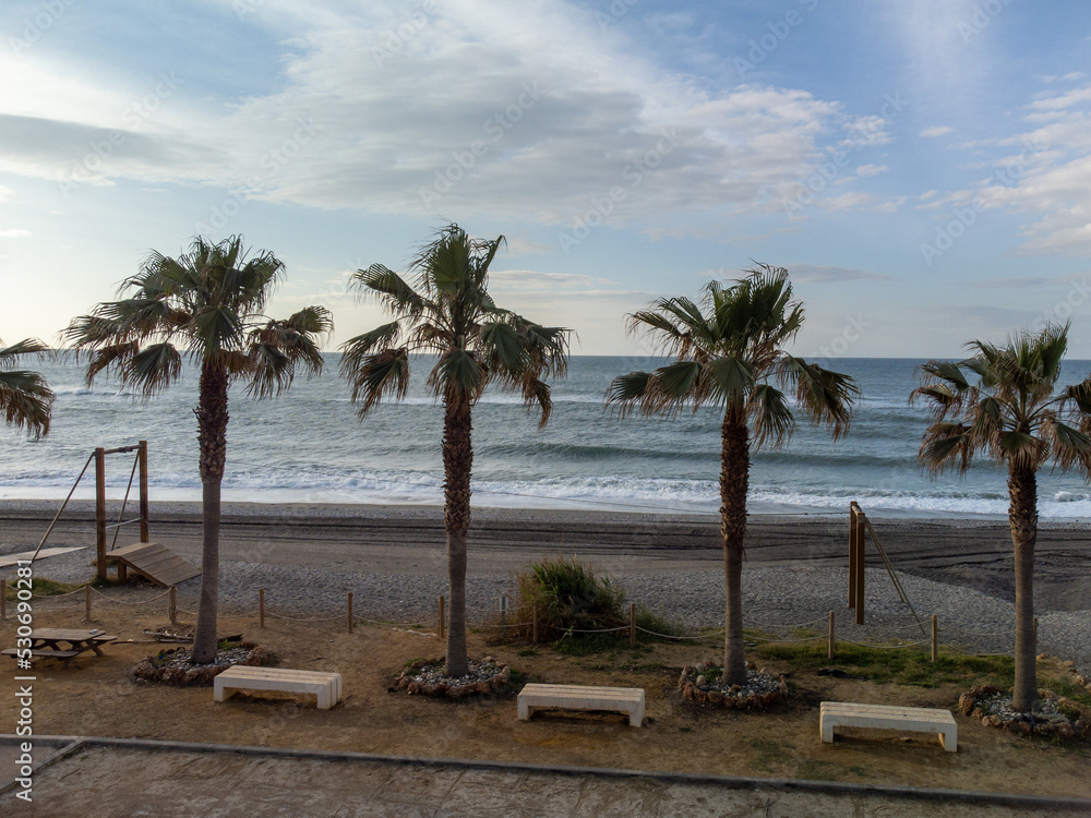 Beaches of Torrox Costa on Costa del Sol, Andalusia, Spain in April. Overwinter is Spain.
