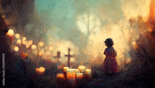 Fotografia Cemetery with a little girl in day of the dead with candles, 3d illustration