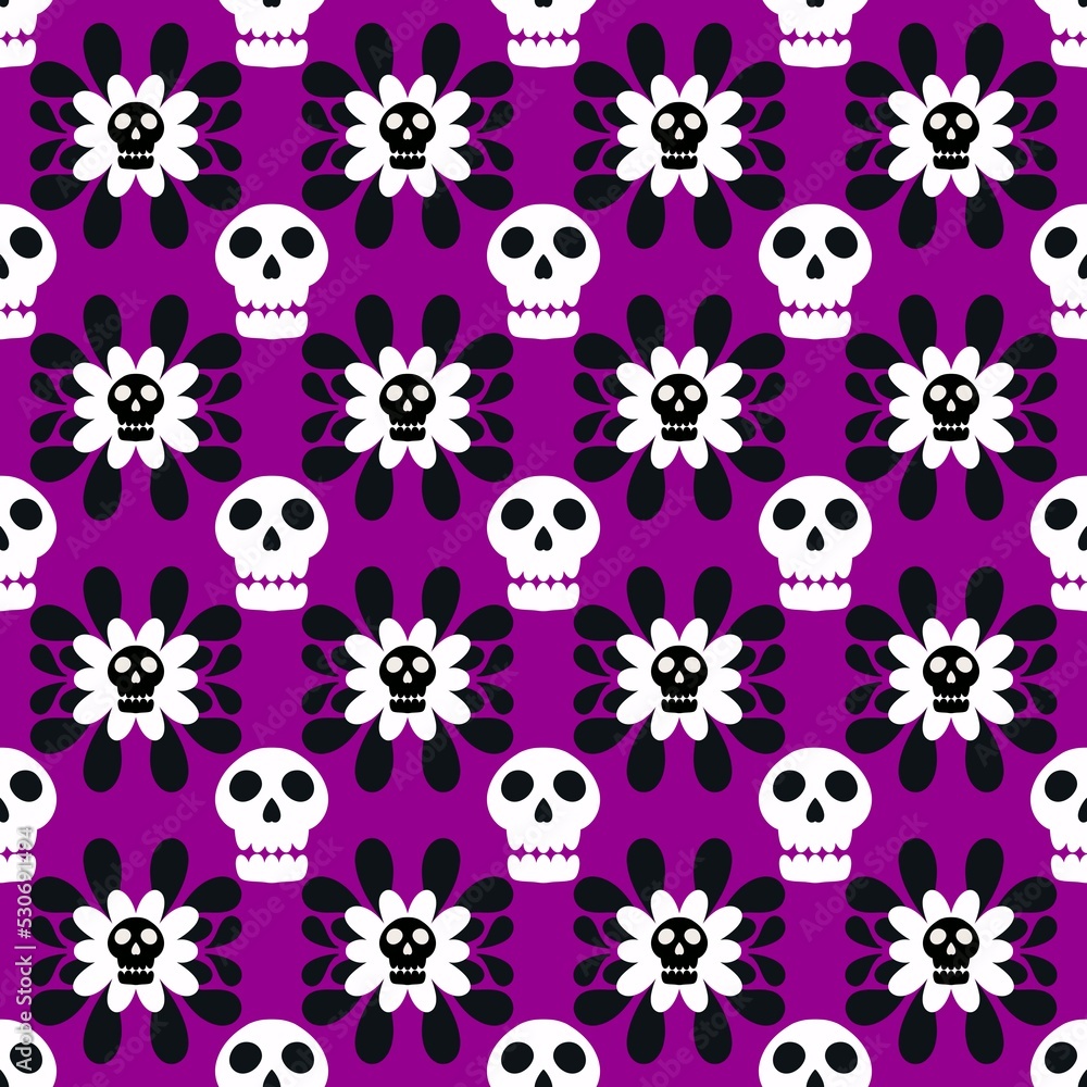 Halloween skulls and flower seamless cartoon pattern for wrapping and clothes print and fabrics and textiles