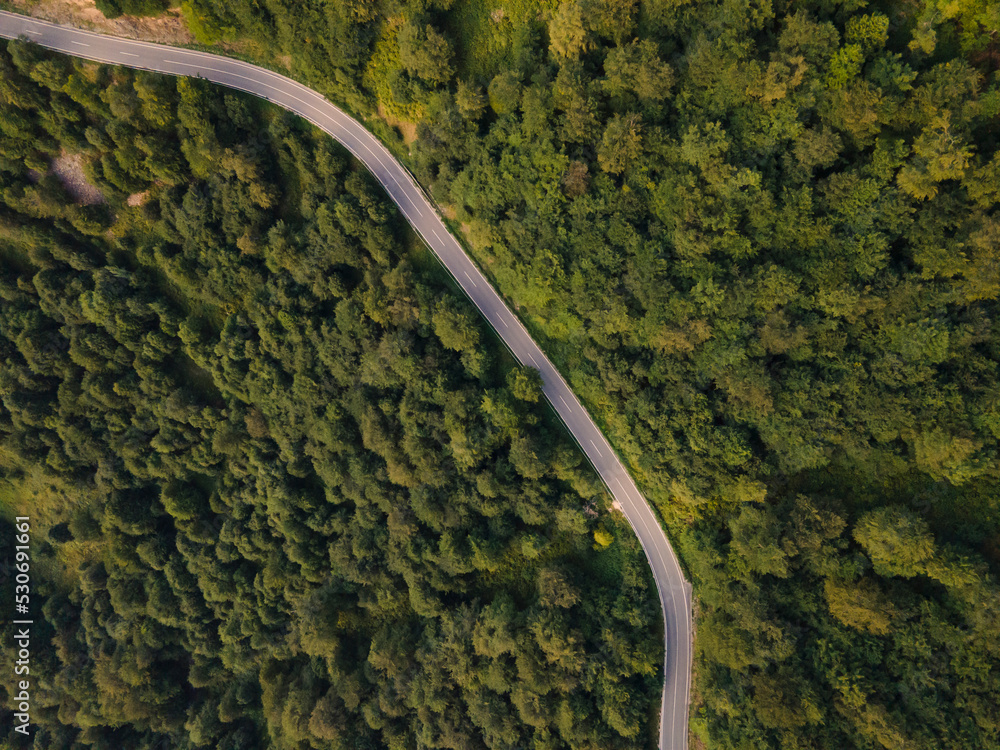 Top down aerial view of the road in mountain range trough the trees and forest wild travel rural vacation and nature concept background