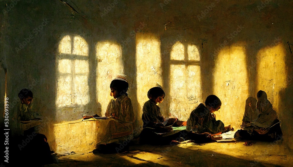 Muslim children in a classroom at school reading, writing, learing and ...
