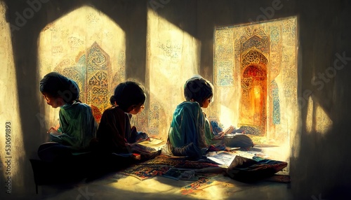 Muslim children in a classroom at school reading, writing, learing and studying, warm light through window, conceptual illustration photo
