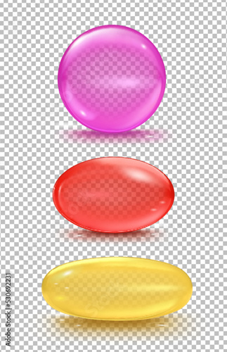 A set of translucent capsules or bubbles on a transparent background. Vector illustration