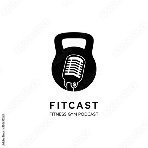 Stand Mic Microphone with Dumbbell Barbell Kettlebell for Podcast Gym Fitness Logo Design Template