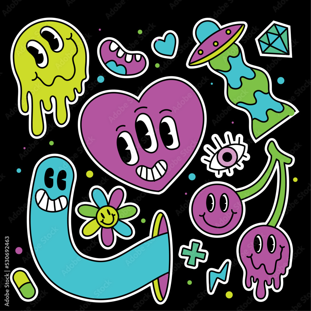 Colored group of groovy emotes and icons Psychodelic heart Vector Colored group of groovy emotes and icons Psychodelic heart Vector
