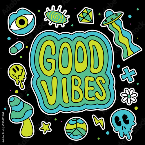 Colored group of groovy emotes and icons Good vibes Vector