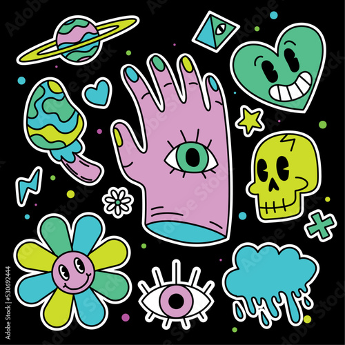 Colored group of groovy emotes and icons Hand with eye Vector