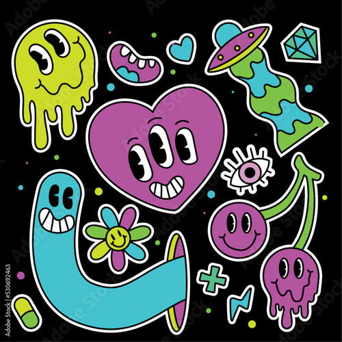 Colored group of groovy emotes and icons Psychodelic heart Vector