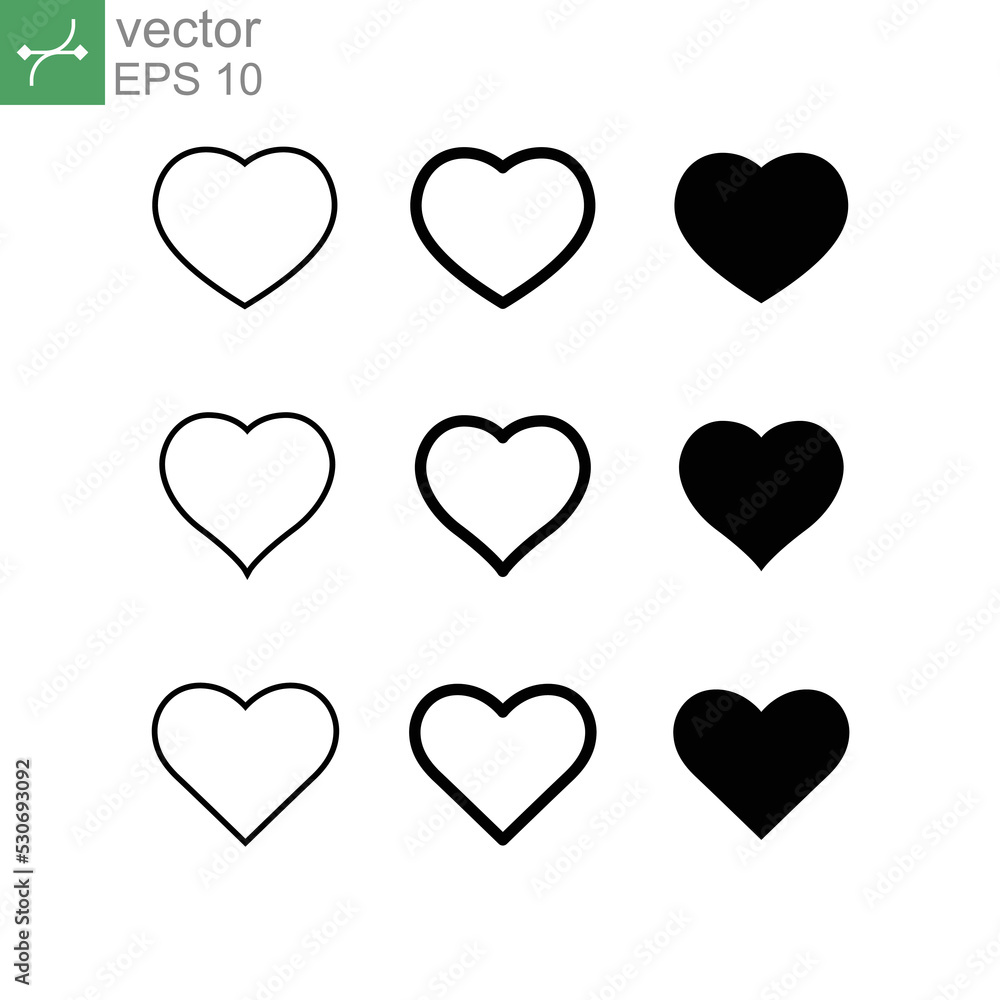 Heart icons, concept of love symbol icon set. Collection of heart illustrations. Silhouette, linear, thin, grey line, solid. Vector illustration. Design on white background. EPS 10