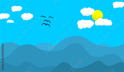 FLAT ILLUSTRATION OF SEA, WAVES, CLOUDS AND SUN VIEWS. SUITABLE FOR POSTER, BANNER, ADVERTISING, PROMOTION AND BACKGROUND