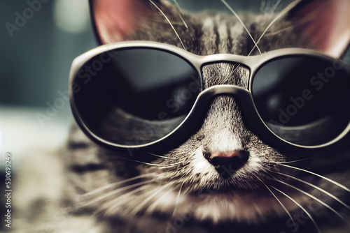 Portrait of Gorgeous fluffy black cat wearing moony sunglasses against darkness.