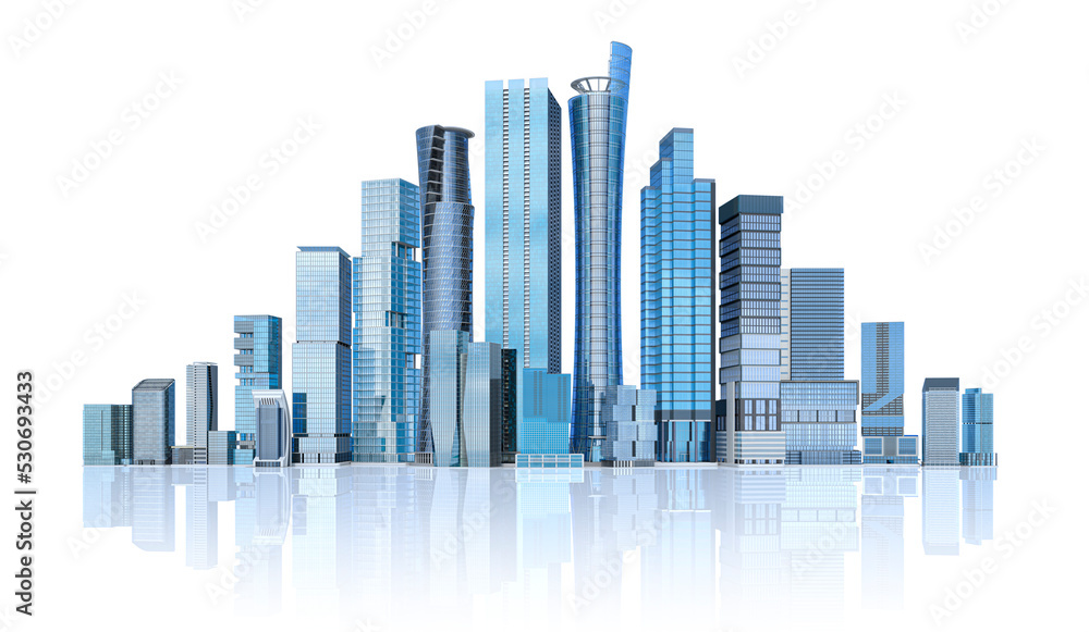 Modern City skyline of skyscrapers isolated at white background. 3d illustration