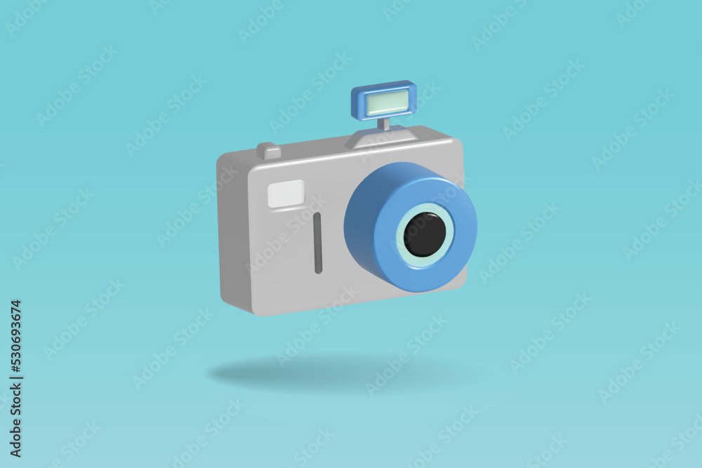 Camera icon on blue background. 3d vector illustration design.
