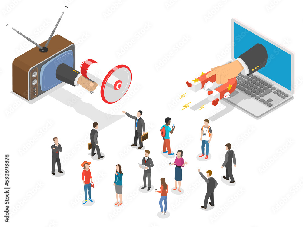 Inbound vs outbound marketing isometric . Inbound vs outbound marketing isometric .