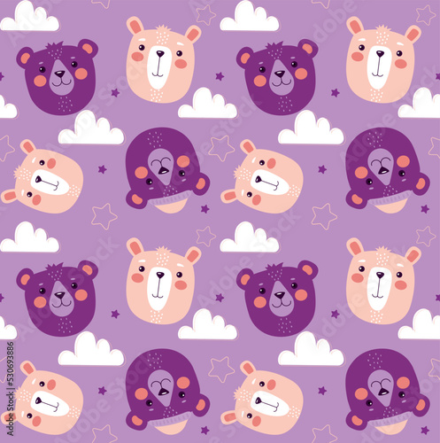 Seamless pattern with cute bears. Repeating template with smiling purple wild animal faces, stars and white clouds. Design element for baby textile or toddler clothes. Cartoon flat vector illustration