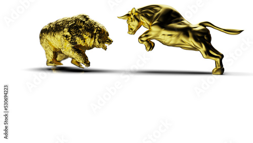 Fototapeta Naklejka Na Ścianę i Meble -  Metallic gold bull and bear sculpture staring at each other in dramatic contrasting light representing financial market trends under white background. Concept 3D CG of stock market. PNG file format.