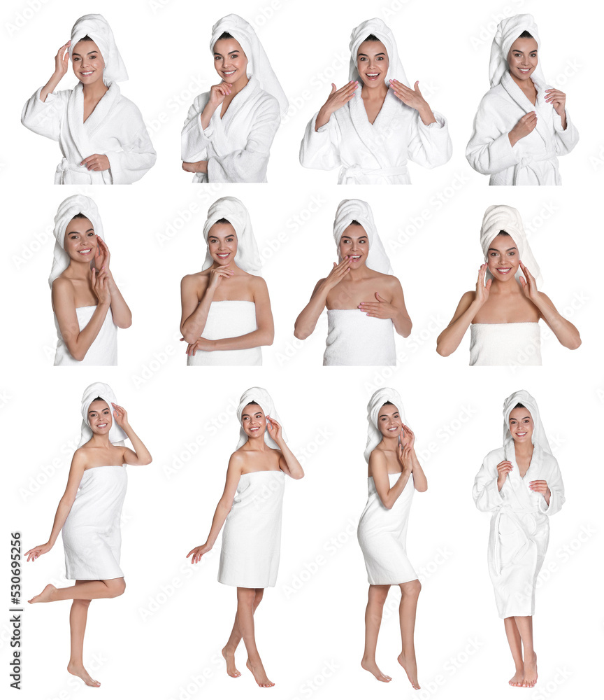 Naklejka premium Collage with photos of beautiful young woman with towels on white background