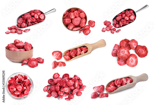 Set with freeze dried strawberries on white background photo