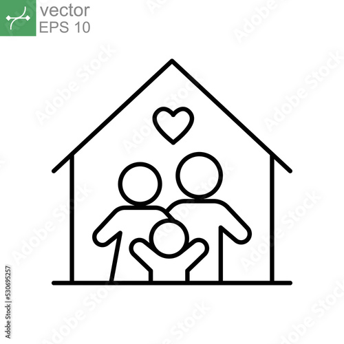 Happy little family for care and love inside the house of stay at home in quarantine symbol. People member include Mom, dad with one child Line Vector illustration Design on white background EPS10