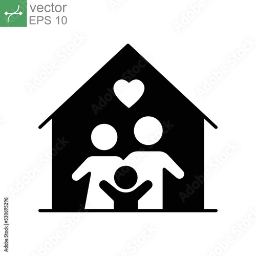 Happy little family for care and love inside the house of stay at home in quarantine symbol. People member include Mom, dad with one child. Solid Vector illustration Design on white background. EPS10
