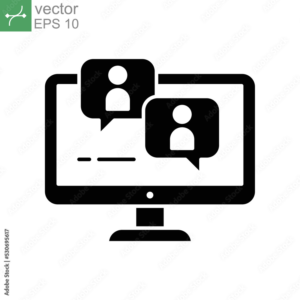 Webinar, online meeting education. Monitor screen with discussion dialog symbol for Virtual classroom on streaming in web or application. Solid Vector illustration. Design on white background. EPS 10 Webinar, online meeting education. Monitor screen with discussion dialog symbol for Virtual classroom on streaming in web or application. Solid Vector illustration. Design on white background. EPS 10