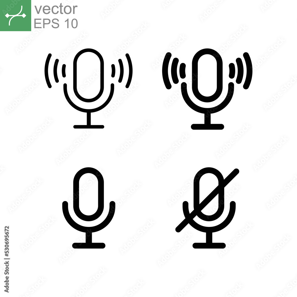 Microphone icon in loudspeaker volume, mute, unmute, turn off, turn on music sound. Stage mic with four button sign for record, recording audio Line Vector illustration Design white background EPS 10 Microphone icon in loudspeaker volume, mute, unmute, turn off, turn on music sound. Stage mic with four button sign for record, recording audio Line Vector illustration Design white background EPS 10