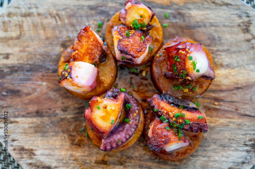 Spanish starter in fish restaurant in Getaria, grilled octopus with roasted potatoes and paprika, Basque Country, Spain photo