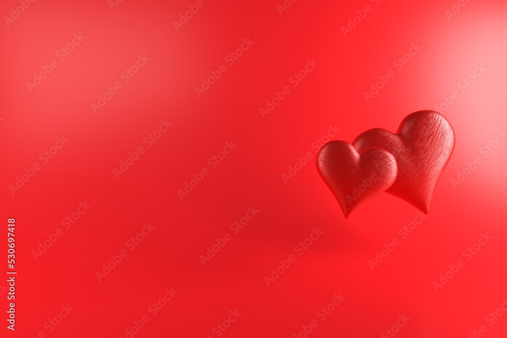 Two burgundy hearts with a rough texture on a red background with space for text. Simple romantic card template for Valentine's Day, Women's Day or wedding. 3d render, copy space Two burgundy hearts with a rough texture on a red background with space for text. Simple romantic card template for Valentine's Day, Women's Day or wedding. 3d render, copy space