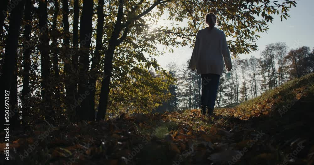 Woman walks mask in hand autumn leaves fall hiking in forest nature Woman walks mask in hand autumn leaves fall hiking in forest nature