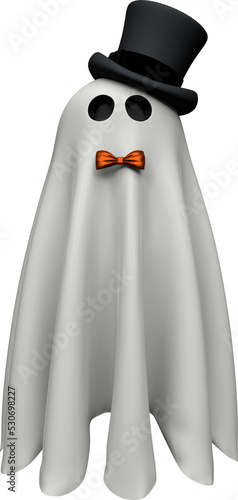 Vászonkép Single floating cute Halloween ghost with top hat and bow tie on transparent background