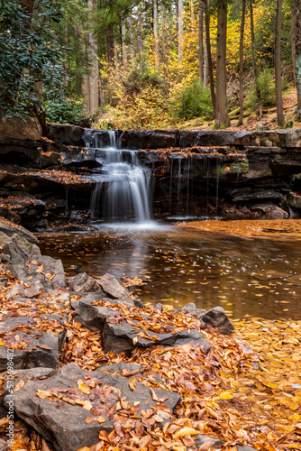 Fototapeta Naklejka Na Ścianę i Meble -  Peaceful scenery of silky waters cascading in this small falls amidst the autumn forest in Swallow Falls state park in Maryland.