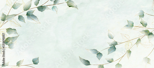 Luxury abstract art background with tree leaves in watercolor style in golden line style. Hand drawn botanical banner for wallpaper design, decor, textile, print, interior, packaging.