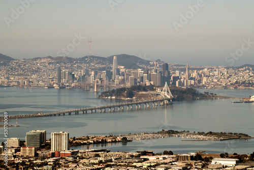 San Francisco city skyline and bay bridge taken from Berkeley across the East bay
