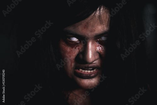 Fotografie, Obraz Horror bloodthirsty woman ghost or zombie she is horror scary with open mouth at