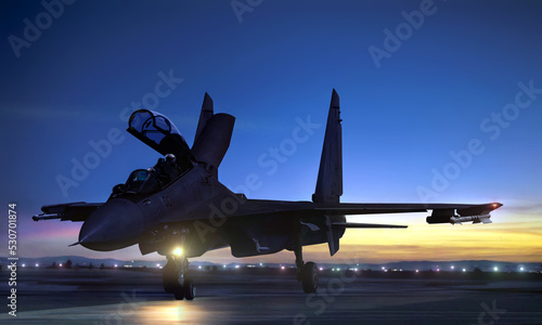 Tela Supersonic fighter jet on air force base airfield getting ready to take off at s