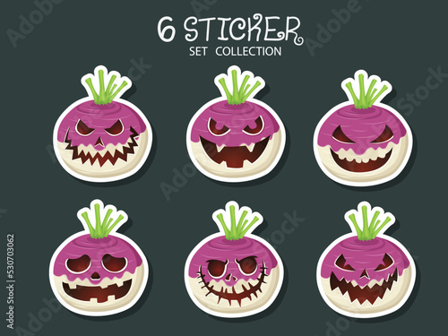 Halloween Turnips Carved Scary Face Sticker Set Collection. Concept Cartoon Halloween Day Elements. Vector Illustration For Holiday