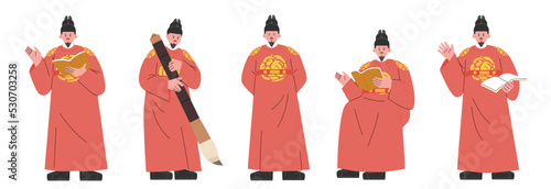 A collection of movements of King Sejong holding a book or a brush. flat design style vector illustration.