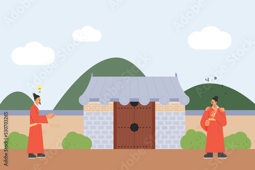 King Sejong is contemplating in front of a traditional Asian building. flat design style vector illustration. 