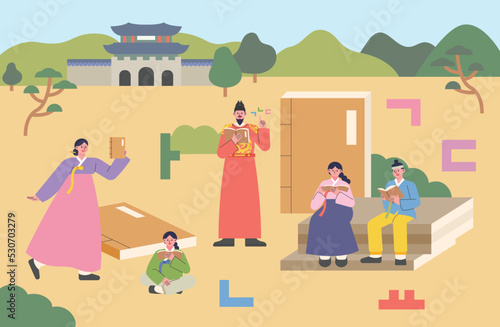 Korean old city background. King Sejong is holding a book by making Hangeul. People are reading books. flat design style vector illustration.