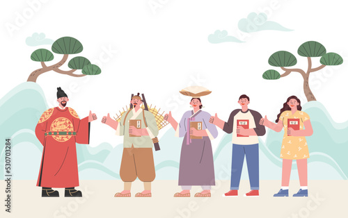 People of the past and present are grateful to King Sejong. People making thumbs up gesture. flat design style vector illustration. 