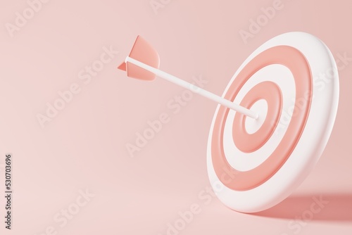 3D rendering pink arrow hit perfectly on the center of target board. Business objective, Company goal concept