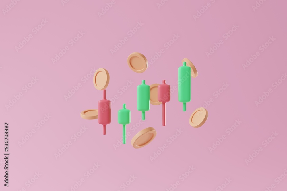 Growth candlestick indicator and graph chart with money coins on pink background. Cryptocurrency, stock investment concept. 3d rendering Growth candlestick indicator and graph chart with money coins on pink background. Cryptocurrency, stock investment concept. 3d rendering