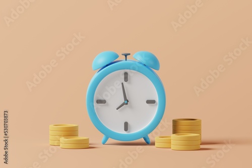 Cartoon alarm clock with money coins on background. In concept of time is the most valuable. 3d rendering