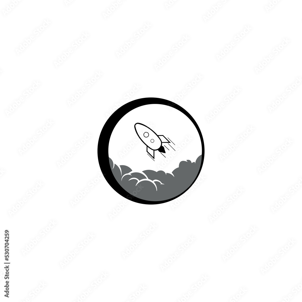 rocket logo design template. Rocket takes off from the surface of the moon or another planet