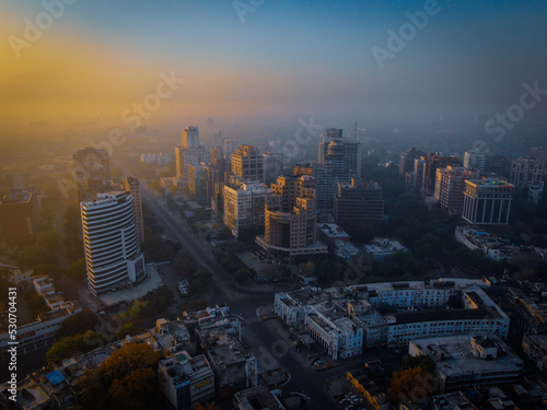 Amazing Drone Picture of Connaught Place CP in Delhi India captured  during the sunrise  photo