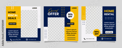 Minimalist real estate social media post layouts template Home Sale and Home Rental. Modern digital marketing square social media promo poster sale & discount social media advertising design